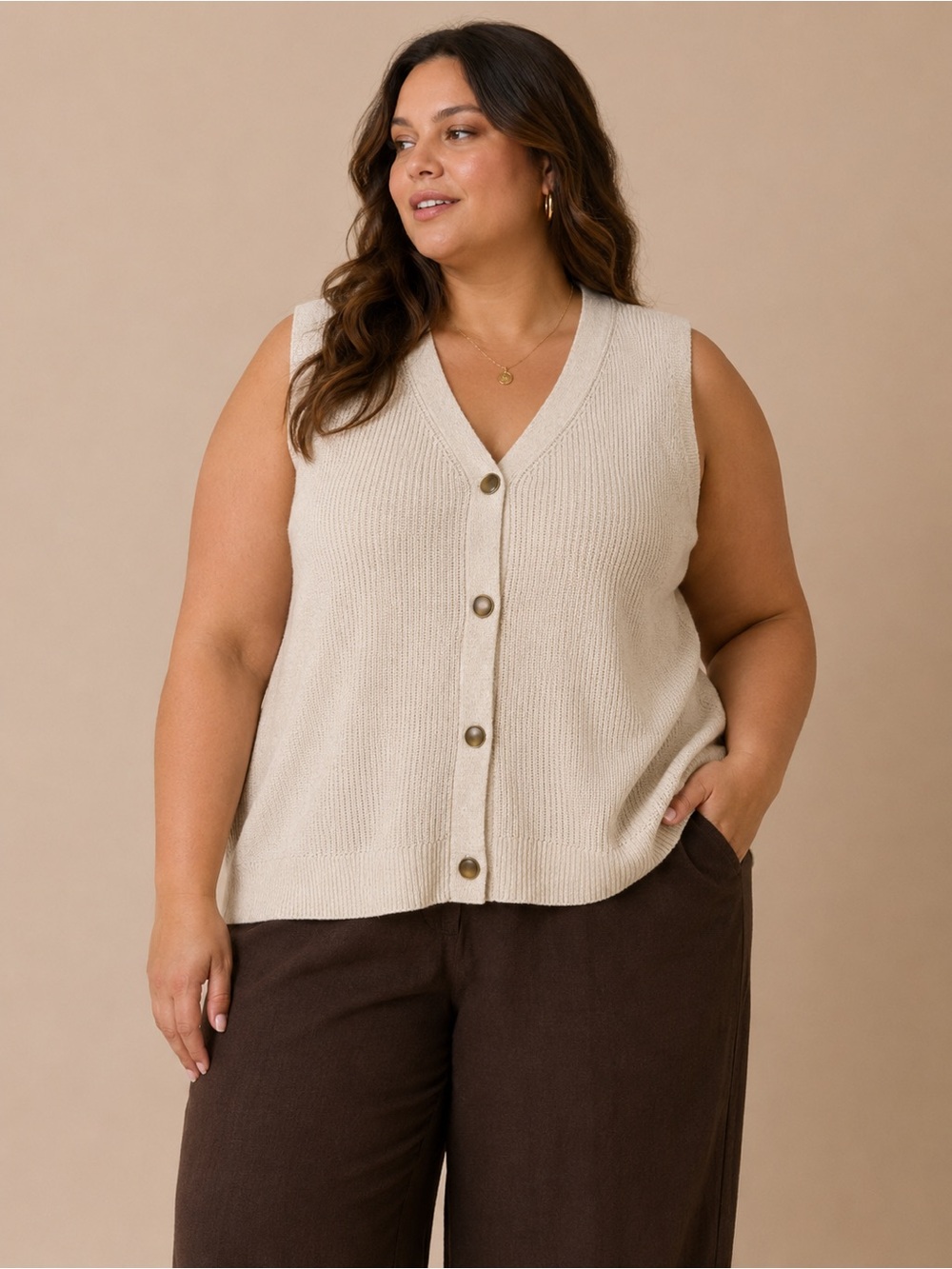 Ava & Viv Cream Knit Sweater Vest Plus Size Button Front